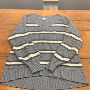 American Eagle Striped V-Neck Sweater - Gray and Cream